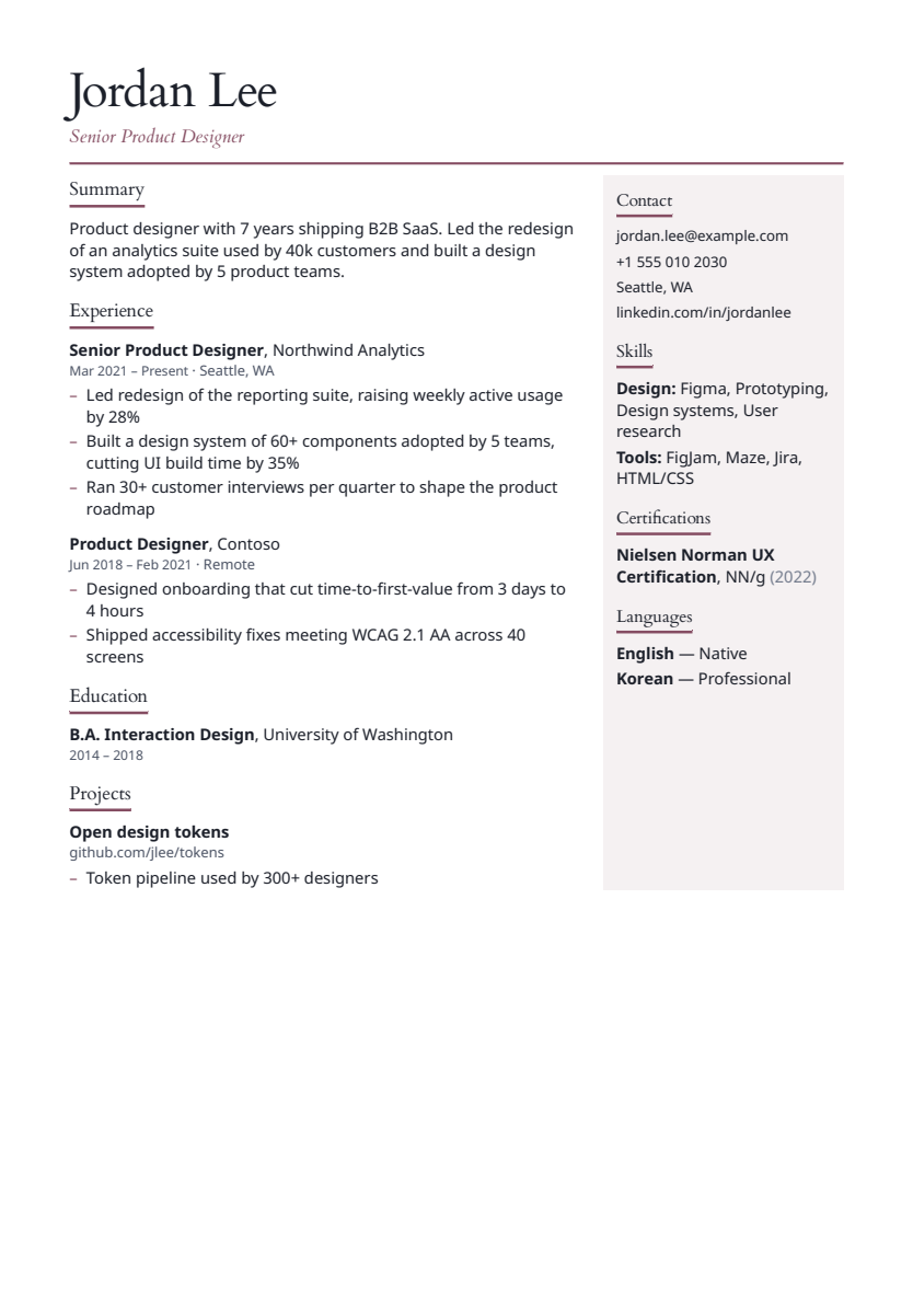 Atelier resume template, first page with sample content