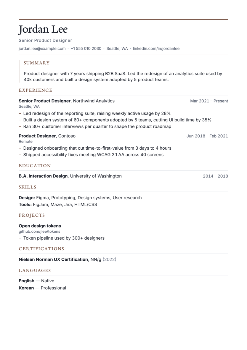 Folio resume template, first page with sample content
