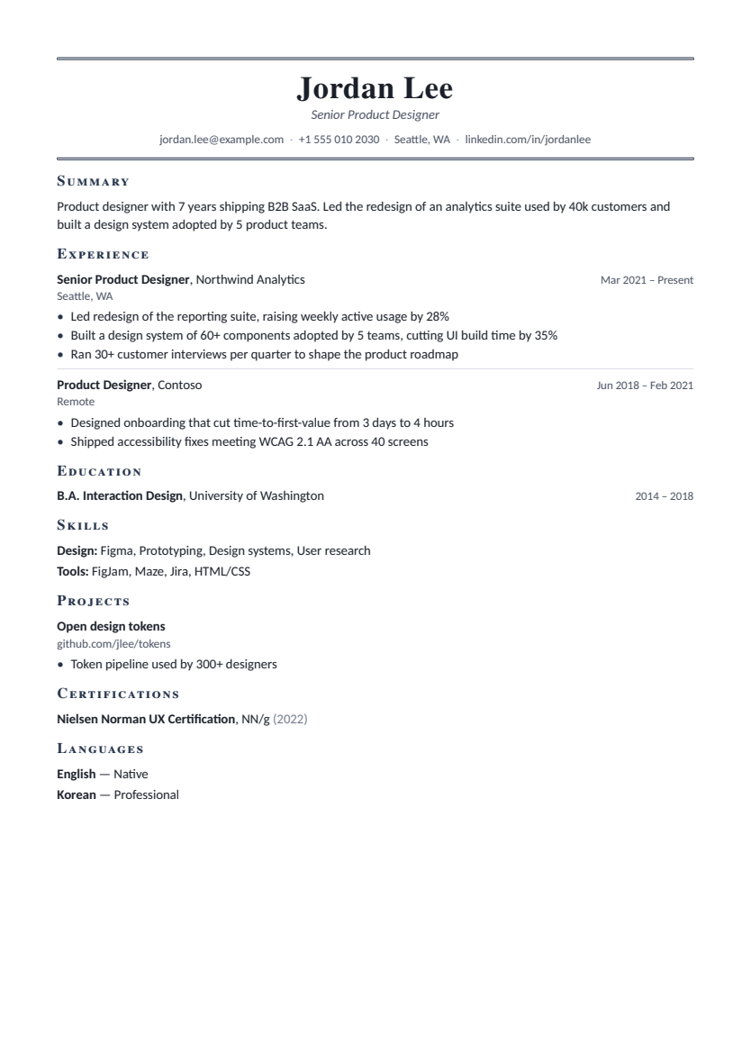 Ledger resume template, first page with sample content