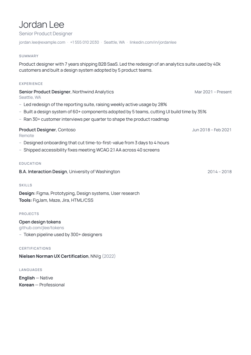 Minimal resume template, first page with sample content